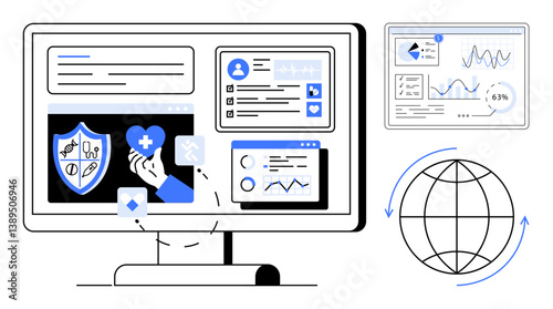 Computer screen displaying health dashboard with charts, stats, global network, shield, and hand holding heart. Ideal for healthcare, technology, data, global reach security analytics innovation