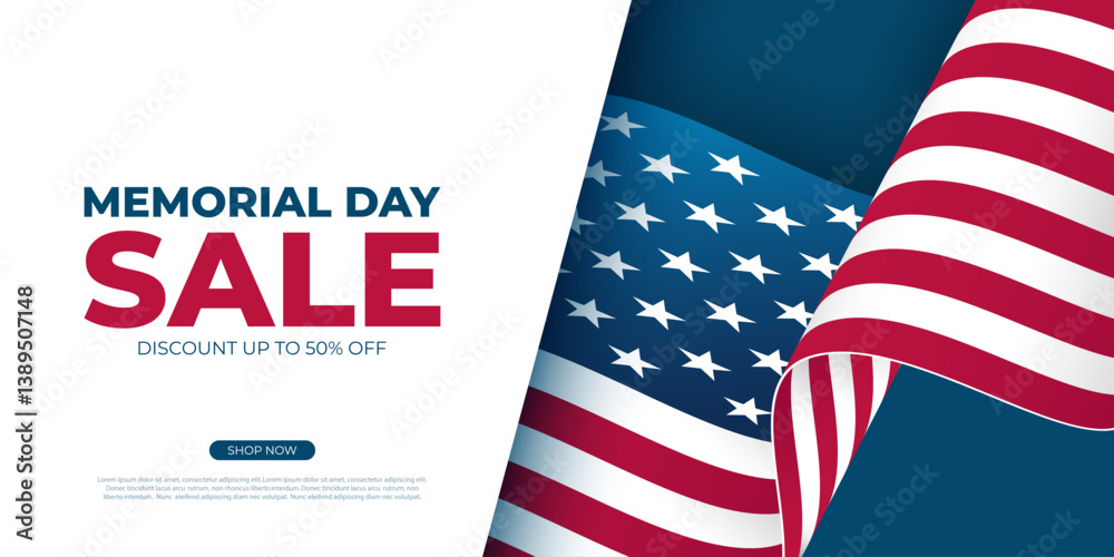 Obraz premium Memorial Day Sale. Waving American flag. United States Memorial Day commercial banner for holiday sales promotion. Vector illustration.