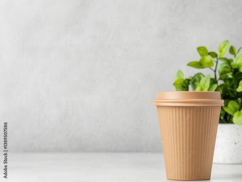 Fototapeta premium Stylish paper cup placed on a clean surface with a green plant in the background, perfect for coffee lovers and eco-friendly themes.