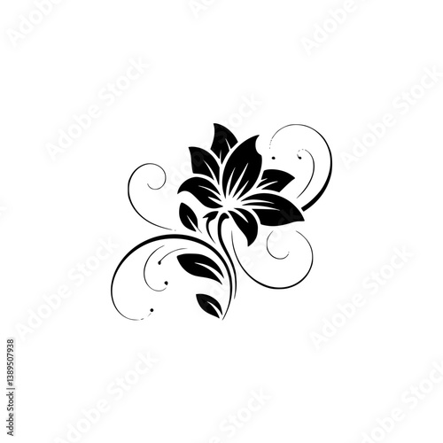 Elegant Black Floral Silhouette with Swirls on White Background