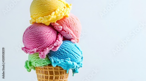 Colorful ice cream stacked on a crispy cone on a white background