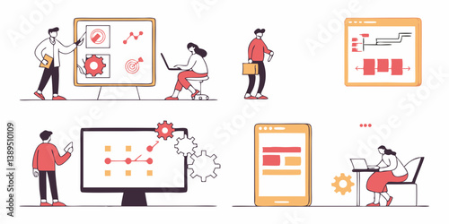 Business Team Data Analysis Presentation Workflow Flat Vector Illustration Charts Graphs Whiteboard Computer Mobile Gears Digital Online Technology Process Management Strategy Planning