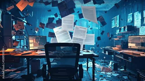 Messy office with flying papers, computers, and scattered documents under blue lighting