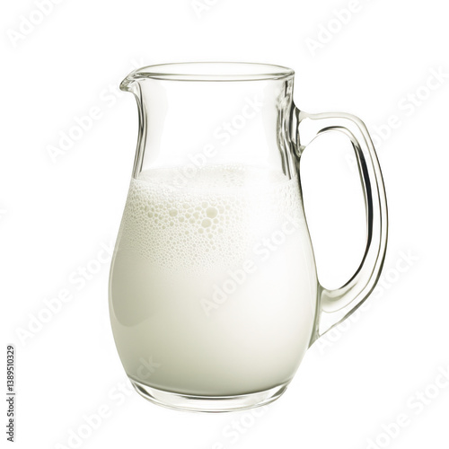 Fresh milk in a glass pitcher ready for pouring at a breakfast table near sunlight at morning