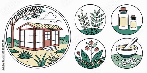 Herbal Medicine & Natural Remedies Icons: Greenhouse, Plants, Essential Oils, Mortar & Pestle - Vector Line Art Design Graphic Design Illustration Set Vector