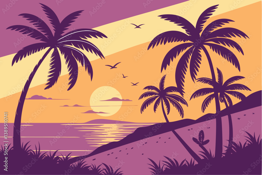 Obraz premium 96 Tropical sunset, palm tree silhouettes, vibrant gradient sky, purple and orange hues, golden sun, calm ocean reflection, island landscape, serene beach scene, vector-style illustration, minimalist 