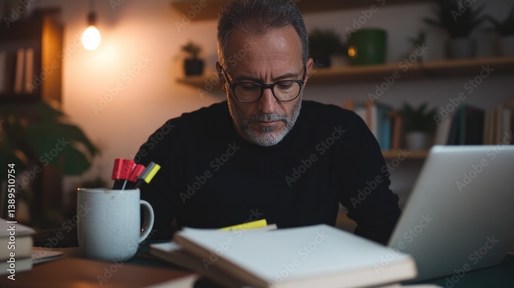 Focused man working at desk surrounded by books, using laptop an Focused man working at desk surrounded by books, using laptop an