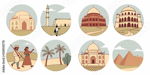 Travel Destinations Icons Taj Mahal Pyramids of Giza Mughal Architecture Flat Vector Art