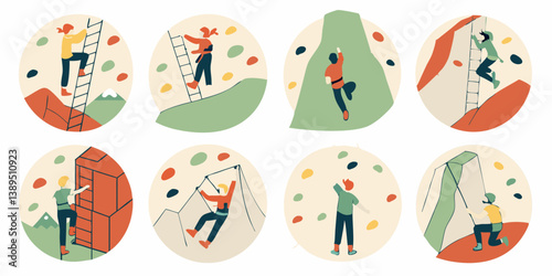 Flat Vector Illustration Set of People Climbing Ladders Rocks and Mountains Diverse Climbing Scenarios for Outdoor Sports Adventure Challenge and Success