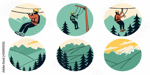 Flat Vector Illustrations: Outdoor Adventure Zip-lining, Mountain Landscapes, Recreation, Travel, Nature Scenes