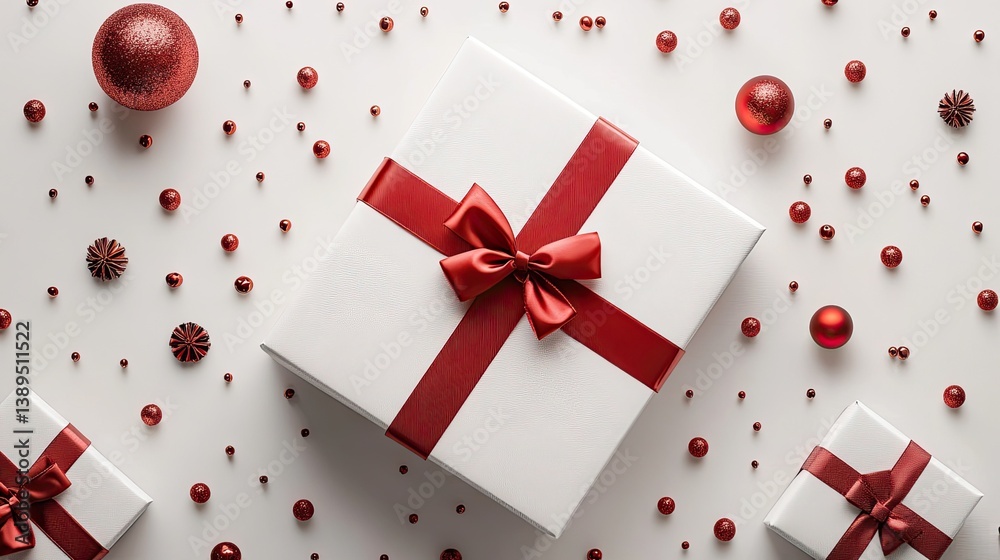 White Gift Box with Red Ribbon and Bow White Gift Box with Red Ribbon and Bow