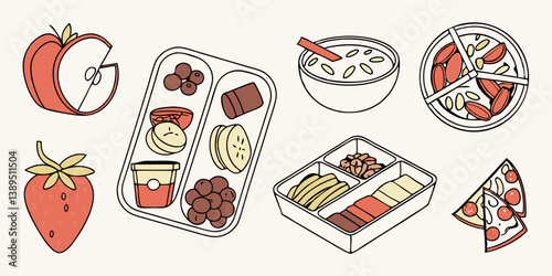 Cartoon School Lunch Meal Tray Food Apple Strawberry Pizza Cereal Grapes Yogurt