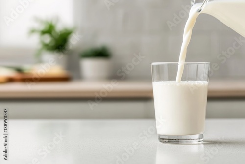 Fresh milk being poured into clear glass on clean kitchen counte