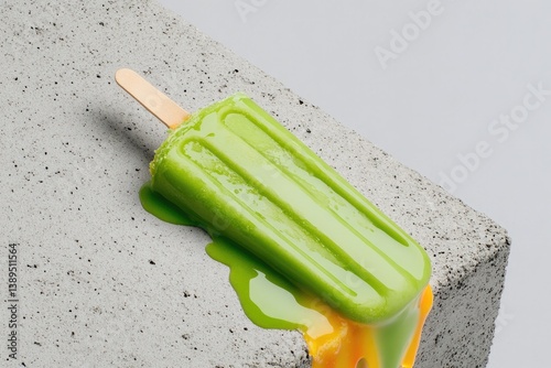 Bright green popsicle melting on concrete surface, showcasing vi