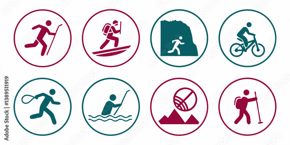 Maroon and Teal Outdoor Activity Icons Set Skiing Snowboarding Climbing Biking Fishing Hiking Mountain Vector Illustration Maroon and Teal Outdoor Activity Icons Set Skiing Snowboarding Climbing Biking Fishing Hiking Mountain Vector Illustration