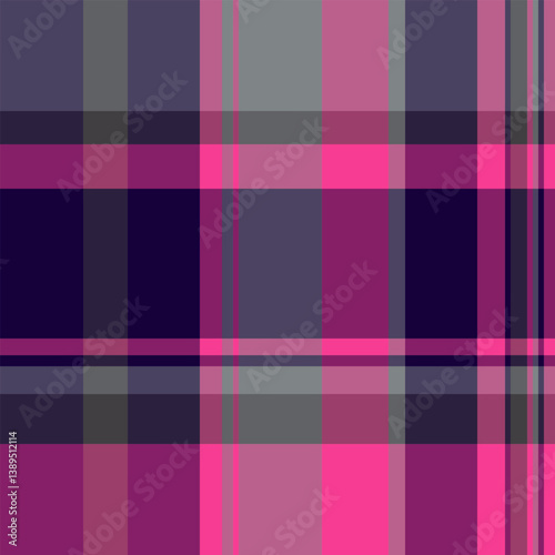 Vibrant plaid pattern with bold pink, purple, and gray hues. A modern, eyecatching textile design, ideal for backgrounds, fashion, or graphic projects.