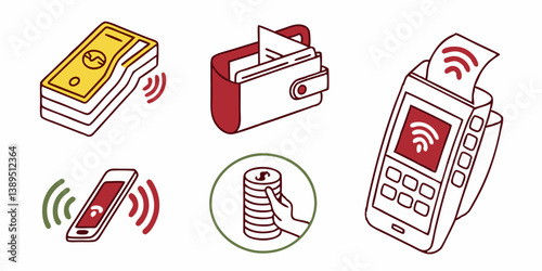 Isometric Vector Icons Set: Contactless Payment Methods, Money, Wallet, Smartphone, POS, Coins, Banknotes