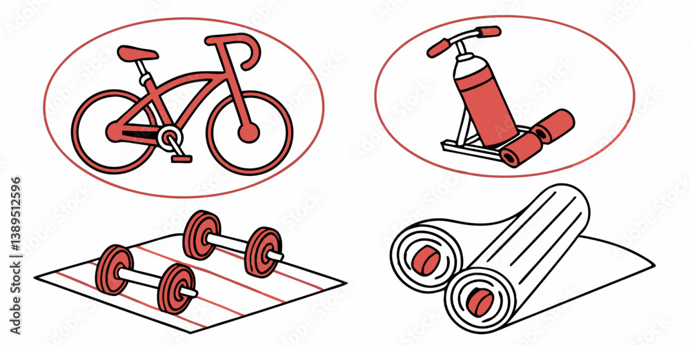Red Fitness Equipment Line Art Illustration: Bicycle, Dumbbells, Sit-up Bench, Yoga Mat Icons for Home Exercise Gym