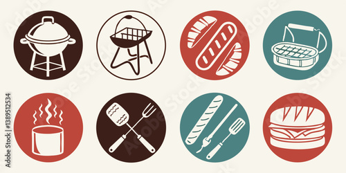 Vintage Retro BBQ Picnic Vector Icons Set: Grills, Sausage, Sandwich, Spatula, Fork, Cooking Pot, Picnic Basket, Retro Style BBQ Graphic Design