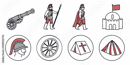 Cannon Soldier Roman Helmet Fort Tent Wheel Military Camp Ancient Warfare Vector Line Art Icon Graphic Illustrations