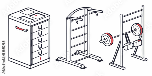 Isometric Line Art Illustration: Gym Equipment, Weight Rack, Pull-up Bar, Filing Cabinet
