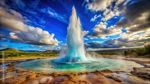 Iceland Strokkur Geyser Eruption, Geothermal Hot Spring Water Spout photo