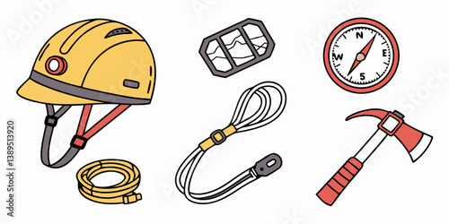Vector Illustration of Outdoor Adventure Gear Helmet Compass Map Rope and Hammer