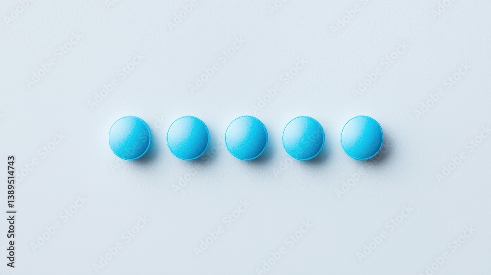 Five Blue Pills Aligned on a Soft Blue Surface for Health Themes Five Blue Pills Aligned on a Soft Blue Surface for Health Themes