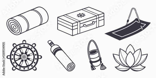 Isometric Black White Line Art Yoga Meditation Items Mat Cushion Bowl Lotus Beads Suitcase
