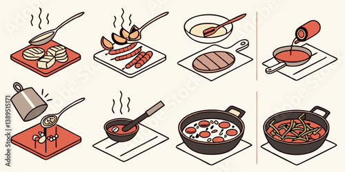 8-Step Recipe Isometric Cartoon Cooking Guide