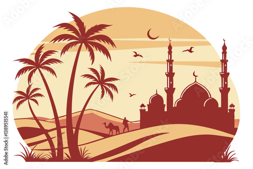 99 Stylized Middle Eastern cityscape, desert sunset, golden sky, silhouette of mosques and minarets, palm trees, circular segmented design, gradient orange to red, minimalist illustration, vector art,