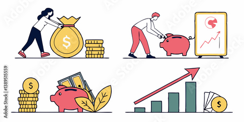 People Saving Money Piggy Bank Financial Growth Flat Vector Illustration