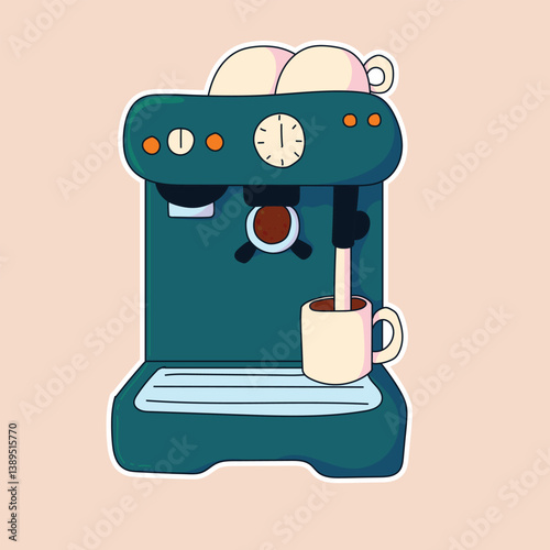 Cute espresso machine brewing fresh coffee into a mug, perfect for cozy coffee shop themed designs.