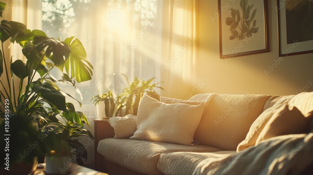 Naklejka premium Sunlit living room, plants, calm