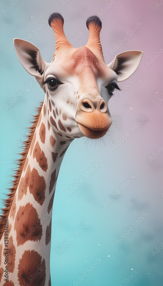 portrait of soft colorful cute giraffe against pink-turquoise background. Digital artwork. Ai generated