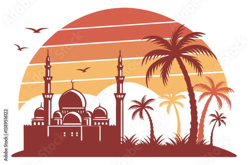 99 Stylized Middle Eastern cityscape, desert sunset, golden sky, silhouette of mosques and minarets, palm trees, circular segmented design, gradient orange to red, minimalist illustration, vector art,