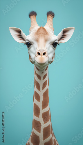 Obraz na płótnie portrait of soft colorful cutest giraffe against blue background. Digital artwork. Ai generated w salonie