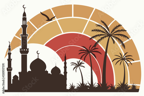 99 Stylized Middle Eastern cityscape, desert sunset, golden sky, silhouette of mosques and minarets, palm trees, circular segmented design, gradient orange to red, minimalist illustration, vector art,