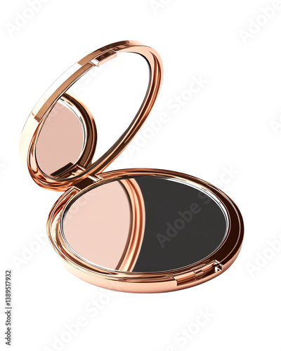 Isolated transparent compact mirror with metallic rose gold finish, sleek cosmetic accessory.  Die-cut  png