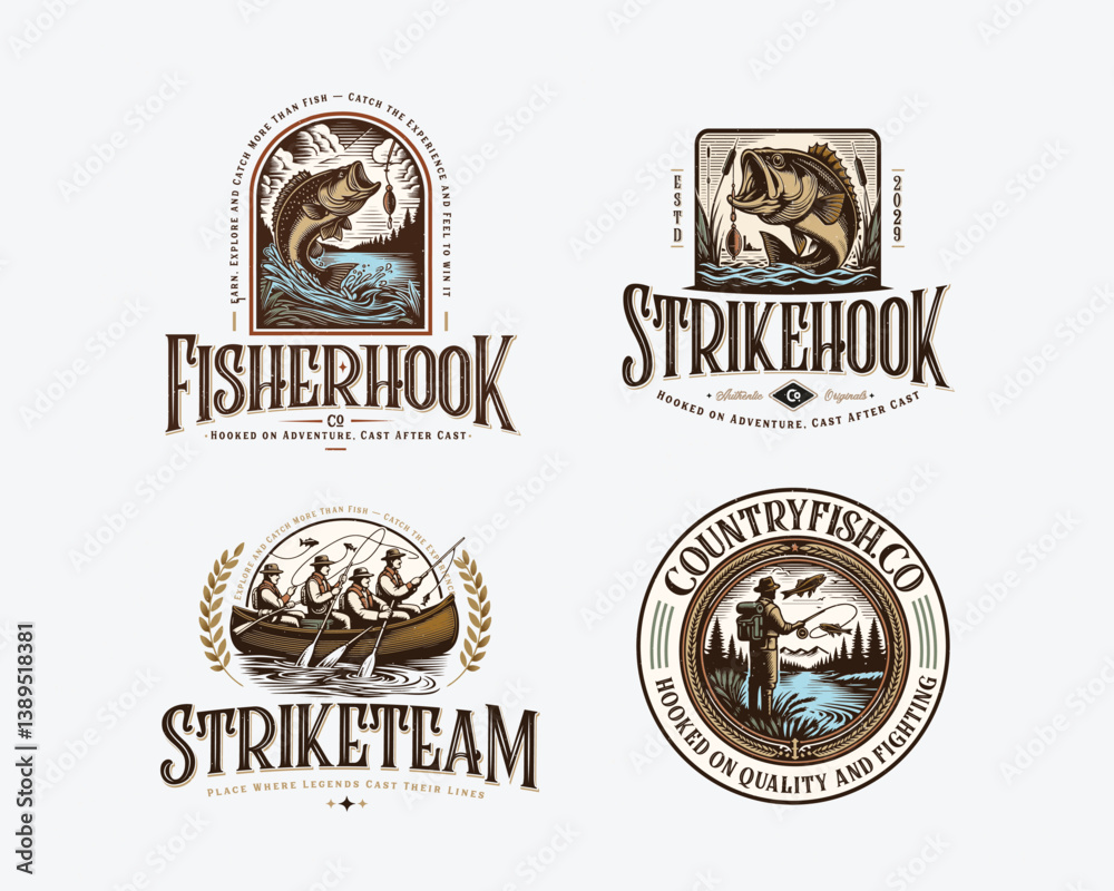 Fototapeta premium Set of vintage badge fishing Sport Logo Design Template with wild fish and fisherman