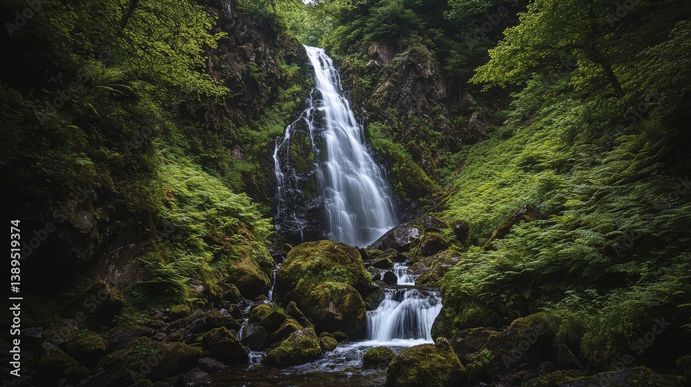 Stunning waterfall flows gracefully down lush green rocks. This enchanting scene invites nature lovers to experience tranquility and beauty in the wild. Generative AI