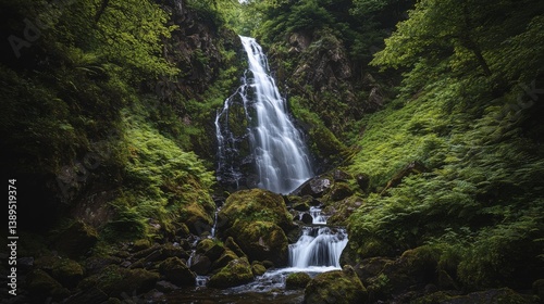 Obraz na płótnie Stunning waterfall flows gracefully down lush green rocks. This enchanting scene invites nature lovers to experience tranquility and beauty in the wild. Generative AI w salonie