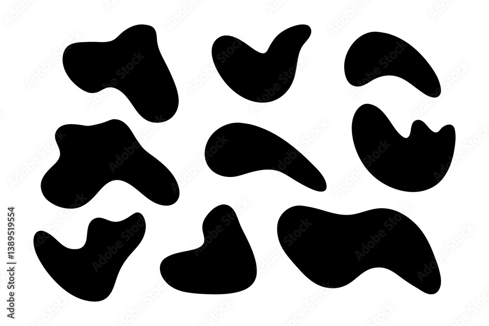 Abstract amoeba shapes. Black hand drawn illustrations to create stylish, trendy, modern design. Decorative vector isolated freeforms for create banners, posters. Abstract liquid shapes set