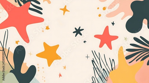 Abstract colorful stars, leaves, and shapes on a beige background.