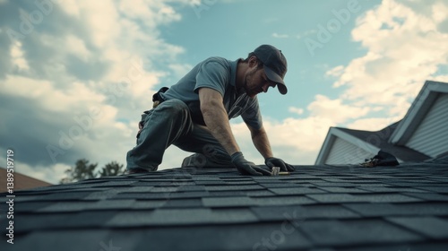 A roofing contractor inspecting the structural integrity of a house roof. Featuring expertise and thoroughness