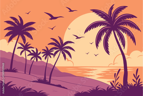 101 Tropical sunset, palm tree silhouettes, vibrant orange and purple sky, birds in flight, beach landscape, gradient colors, warm hues, exotic paradise, vector illustration style, symmetrical composi