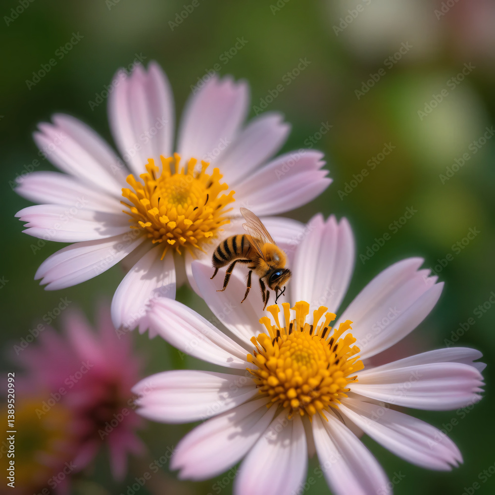 Obraz premium A bee gathers nectar from a pink daisy flower in the summer garden