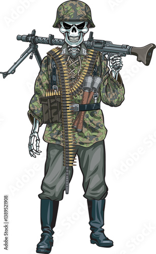 World War 2 German skeleton soldier holding MG34 light machine gun