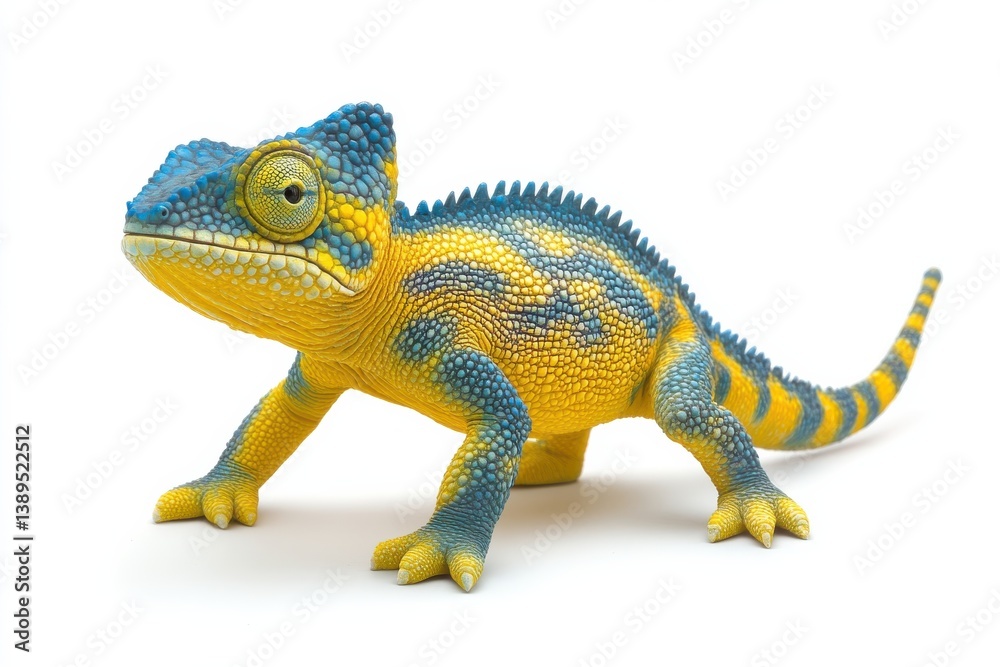 Fototapeta premium Vibrant yellow and blue chameleon exotic reptile isolated on white background studio shot detailed