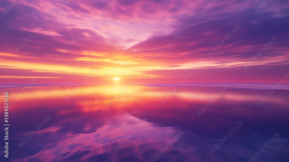 A breathtaking sunset unveils a spectrum of purple and orange hues reflecting on calm waters. Natural beauty captivates the mind and soul. Generative AI